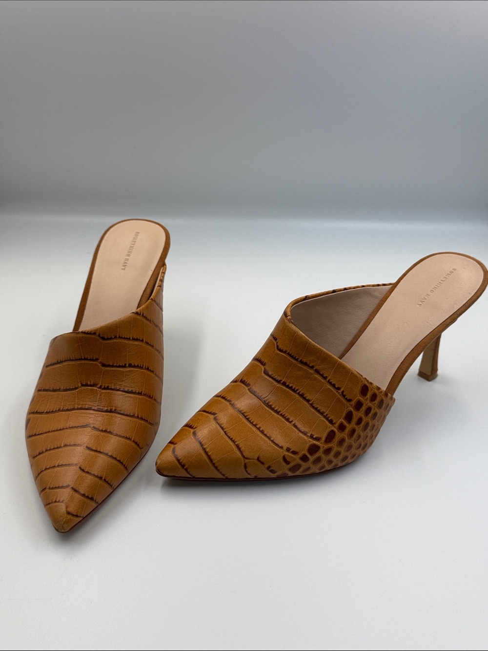 Something Navy Croc-Embossed Pointed-Toe Mule Heels in Tan